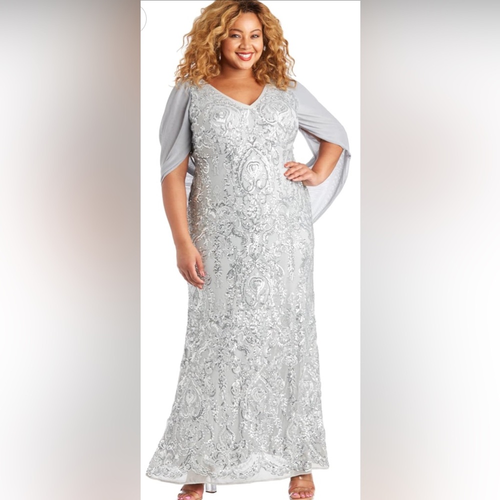 R & M Richards Metallic Silver Lace Maxi Dress